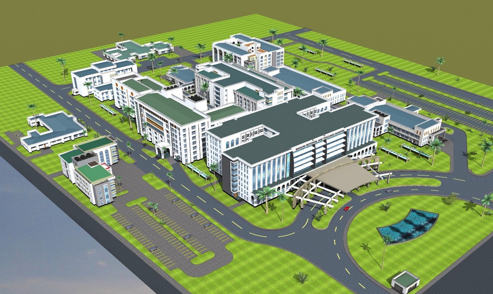 Aerial masterplan rendering of a hospital campus, with a large main block surrounded by ancillary buildings, roads, parking and landscaped lawns