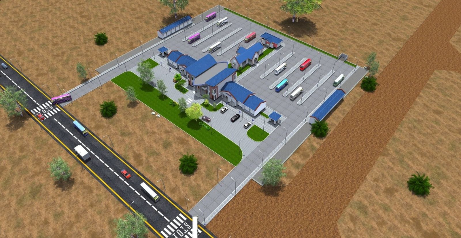 Aerial rendering of a bus terminal with blue-roofed terminal buildings, marked bus bays, parking and a landscaped forecourt beside a main road