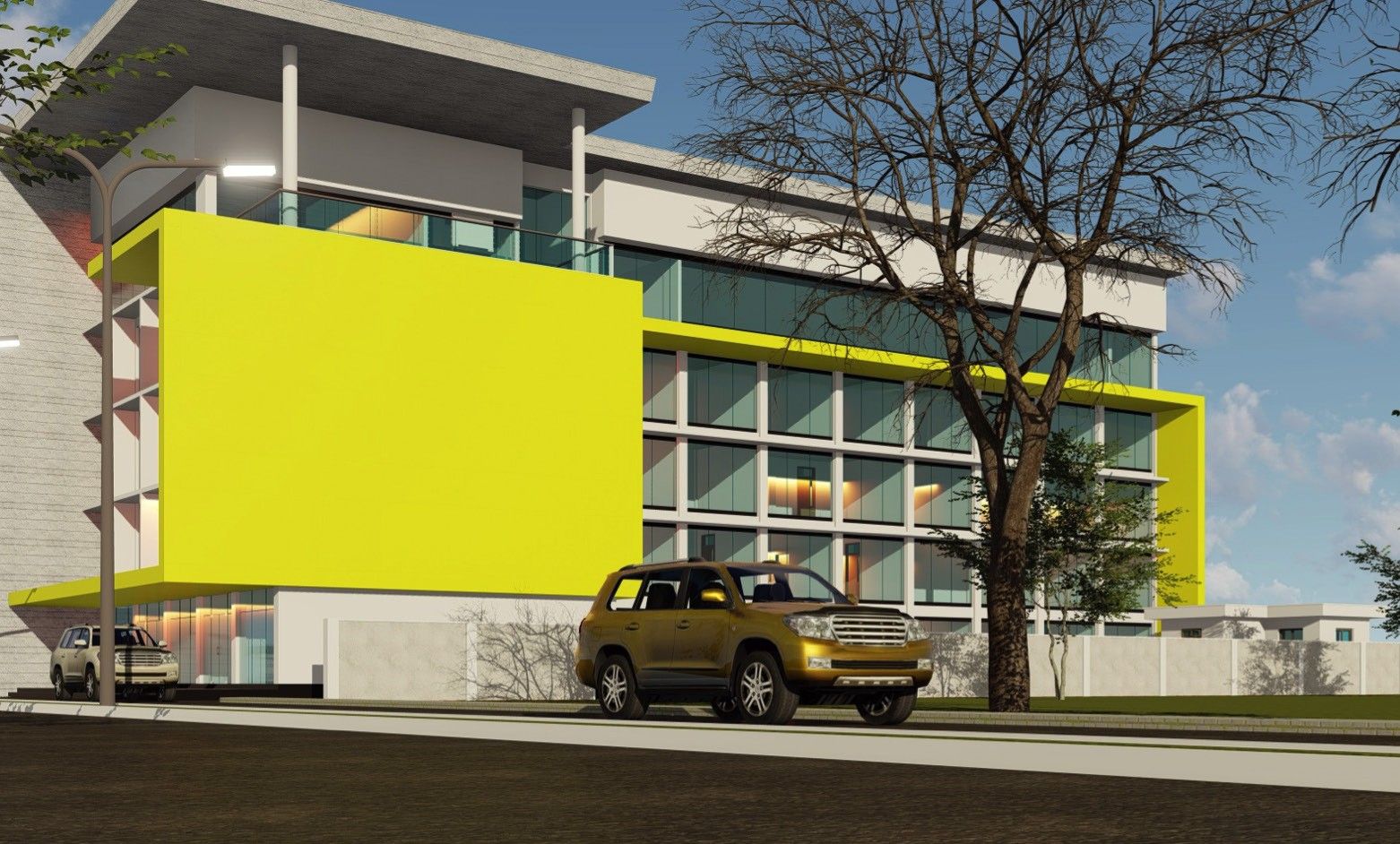 Architectural rendering of a four-storey office building with a bright yellow projecting facade panel, glazed upper floors and cars parked at the entrance
