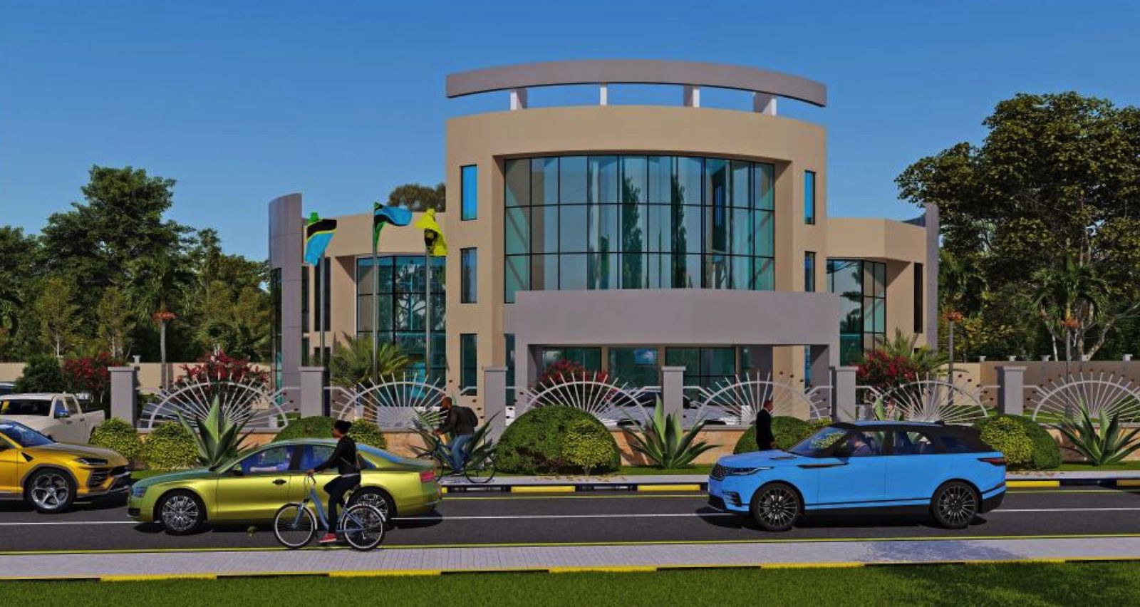 Architectural rendering of a curved, glass-fronted chancery building with flags at the entrance, behind a decorative fence and a landscaped street with cars and a cyclist